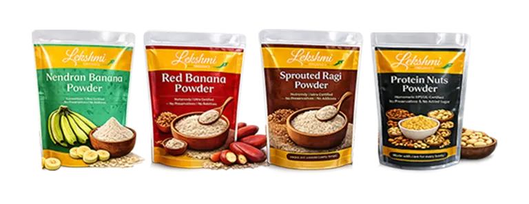 Lekshmi Organics organic banana powder, ragi flour and nuts protein powder packs